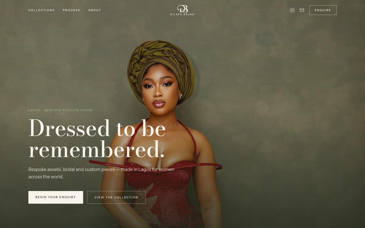 Dilara Brand website — editorial hero for a bespoke Lagos fashion house