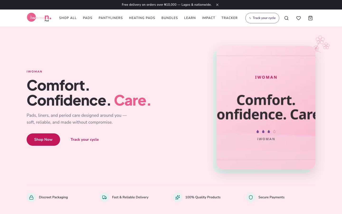 iWoman — 'Comfort. Confidence. Care.' period-care store with cycle tracker