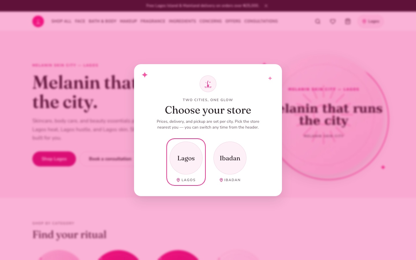Melanin Skin City — 'Choose your store' picker between Lagos and Ibadan