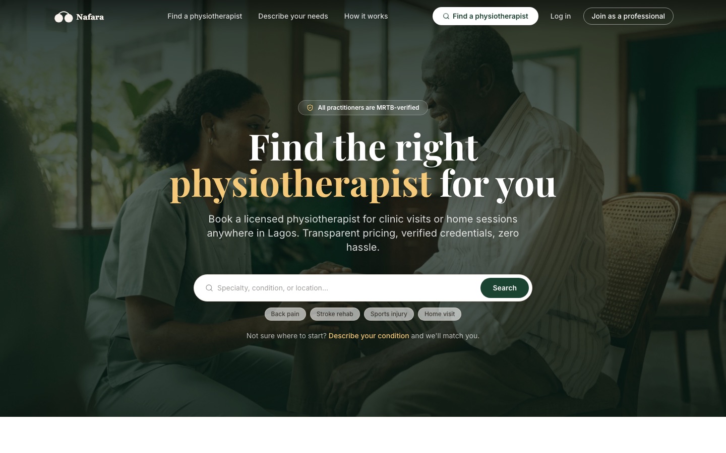 Nafara — find the right MRTB-verified physiotherapist in Lagos